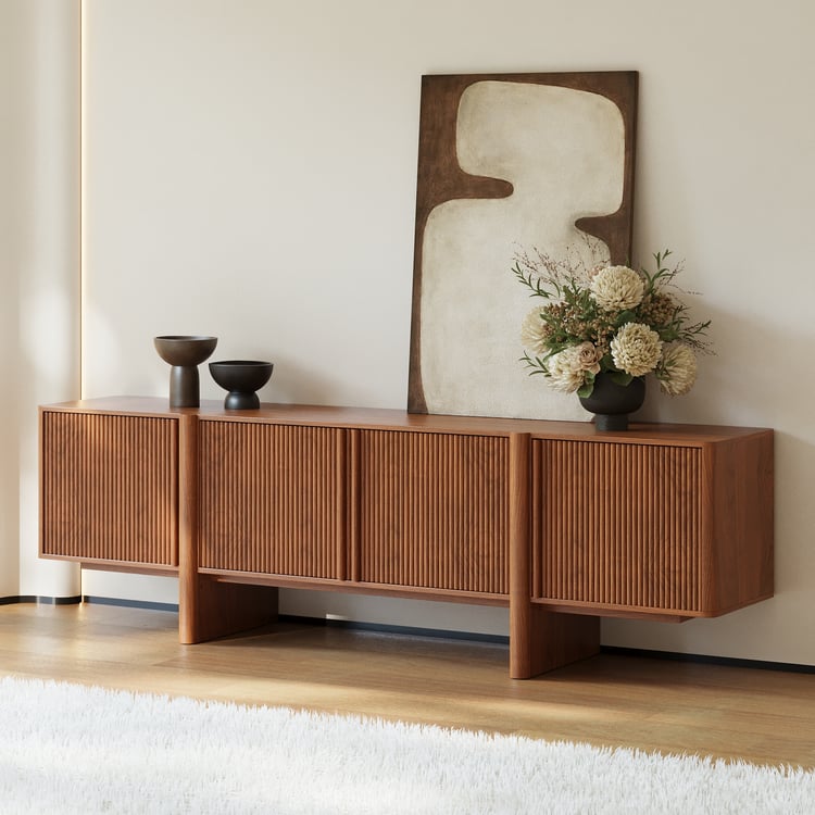 80" Ash Wood Fluted Walnut TV Stand with Cabinets