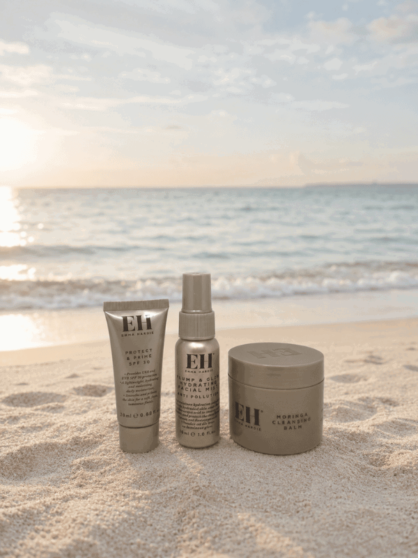 Emma Hardie travel-size skincare products arranged on a sandy beach.