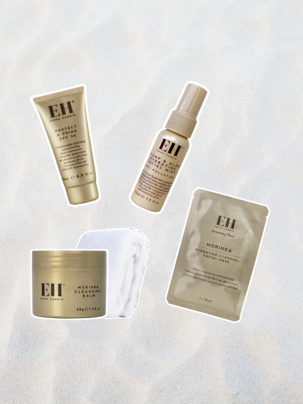 Emma Hardie four skincare essentials on sandy texture.