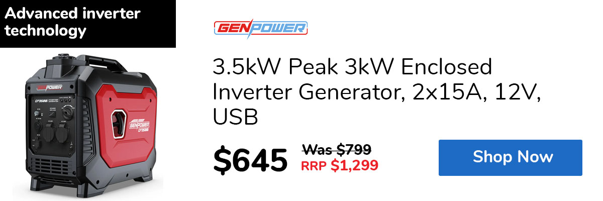 3.5kW Peak 3kW Enclosed Inverter Generator, 2x15A, 12V, USB