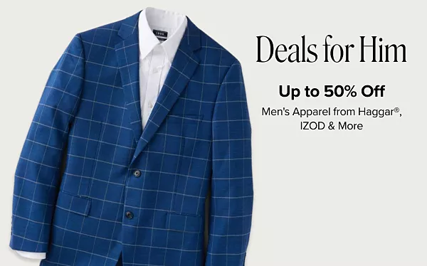 Deals for him. Up to 50% off mens apparel from Haggar, IZOD and more. Shop now. A blue blazer with white undershirt.