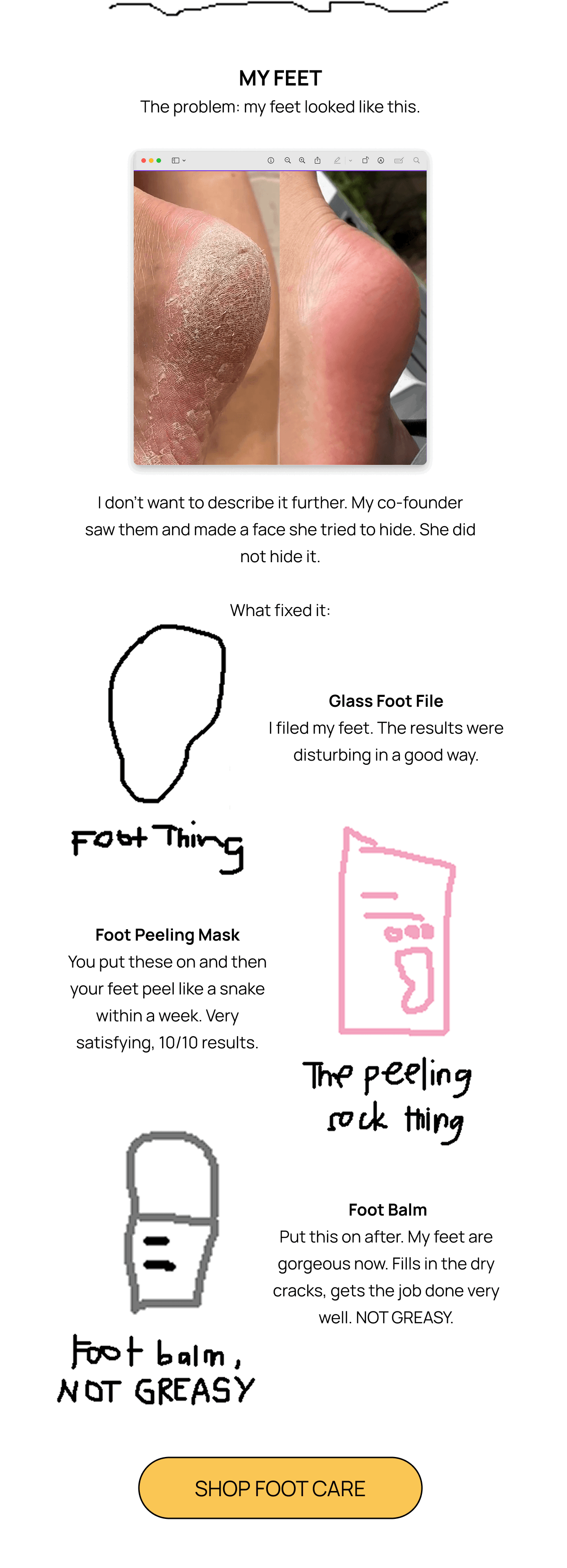 Before and after foot photos with hand-drawn sketches and descriptions of a glass foot file, foot peeling mask, and foot balm