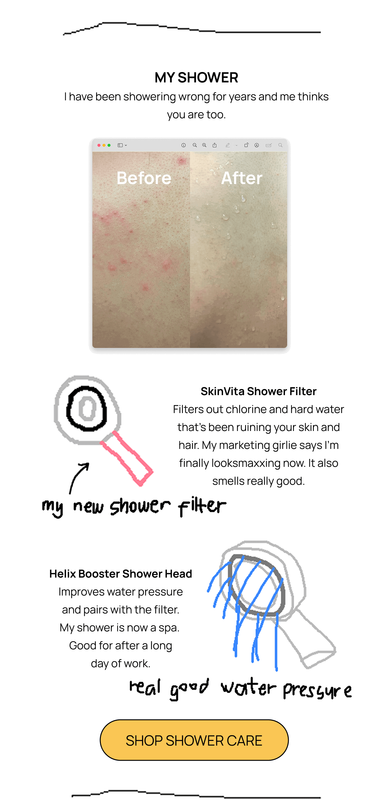 Before and after skin photos beside hand-drawn sketches of a SkinVita shower filter and Helix Booster shower head with descriptions