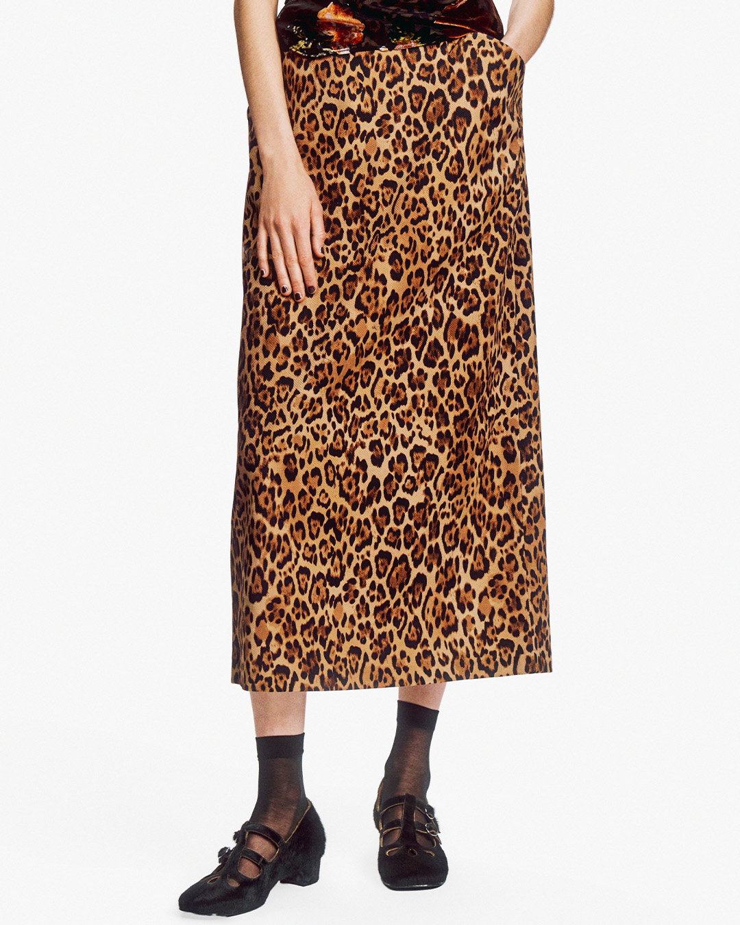 long straight denim leopard print skirt