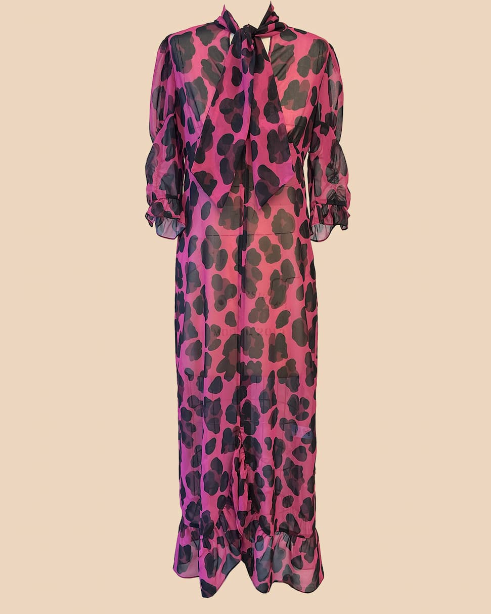 pink long leopard print dress