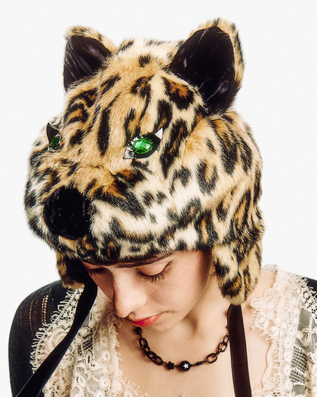 faux fur hat in shape of a leopard head