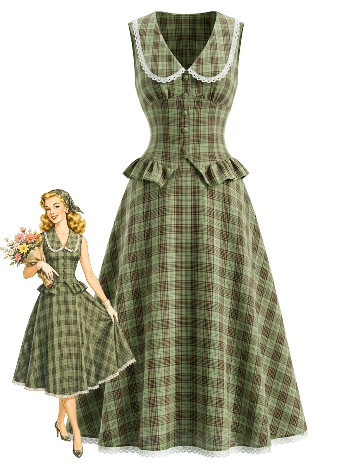 [Pre-Sale] 2PCS Lake Green 1940s Plaid Peter Pan Collar Ruffled Skirt Set