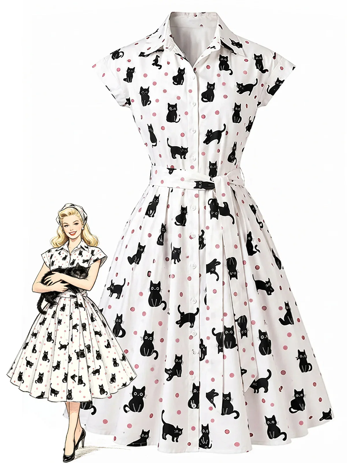 [Pre-Sale] 1950s Cat Polka Dot Belted Shirt Dress