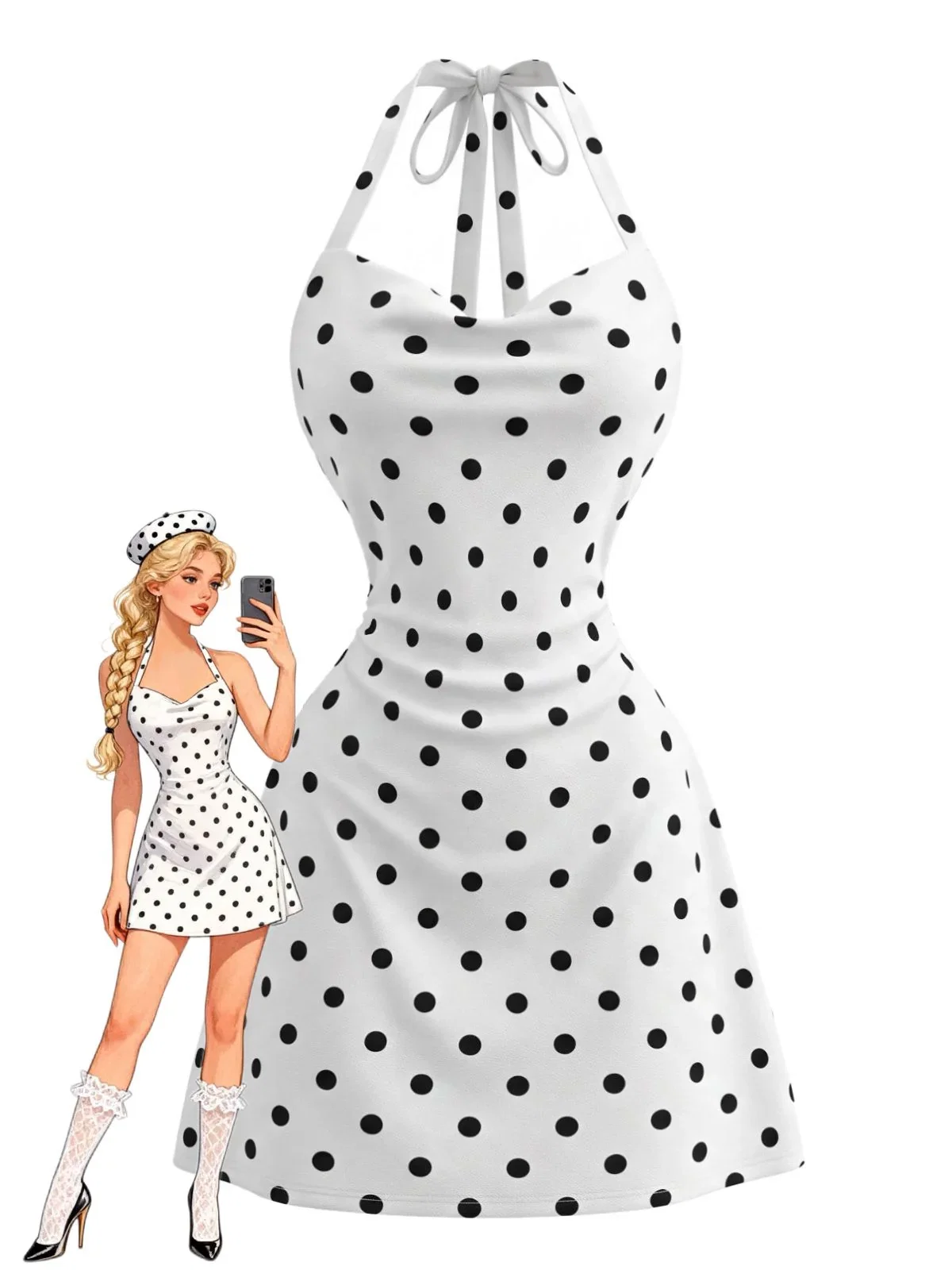 White 1980s Polka Dots Halter Bodycon Dress
