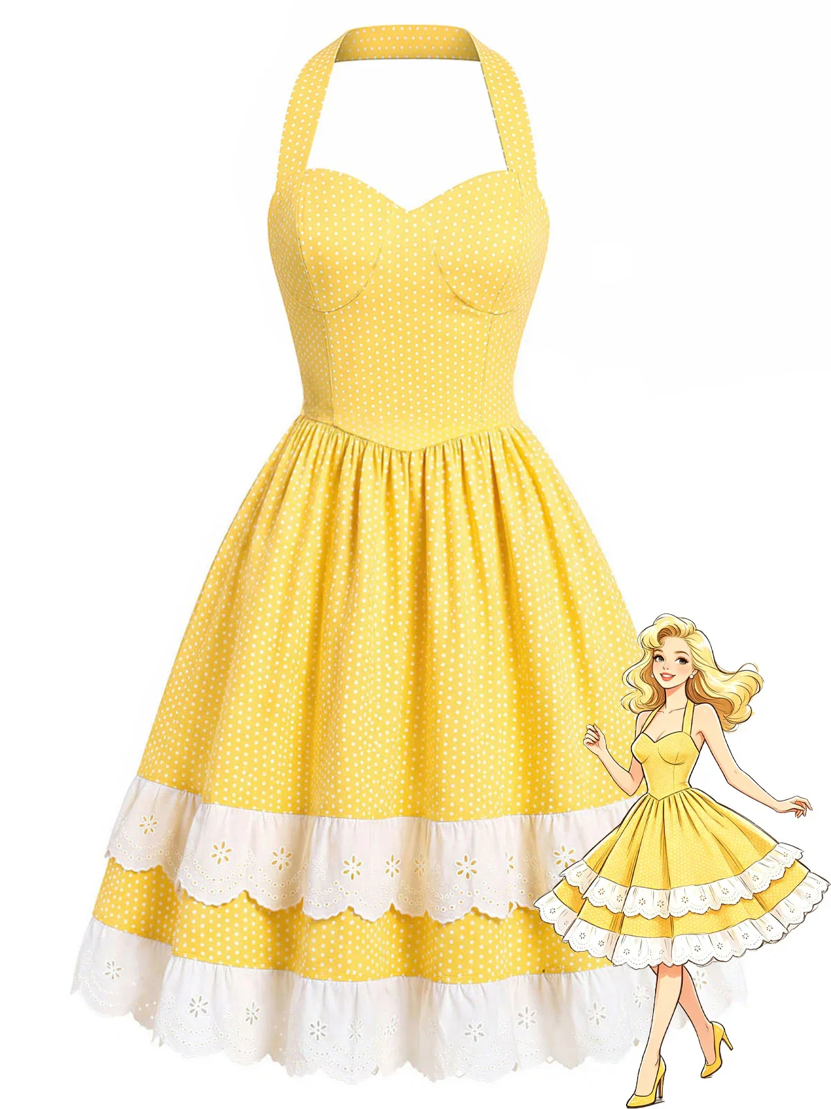 [Pre-Sale] Yellow 1950s Cotton Halter Polka Dot Bow Tiered Dress