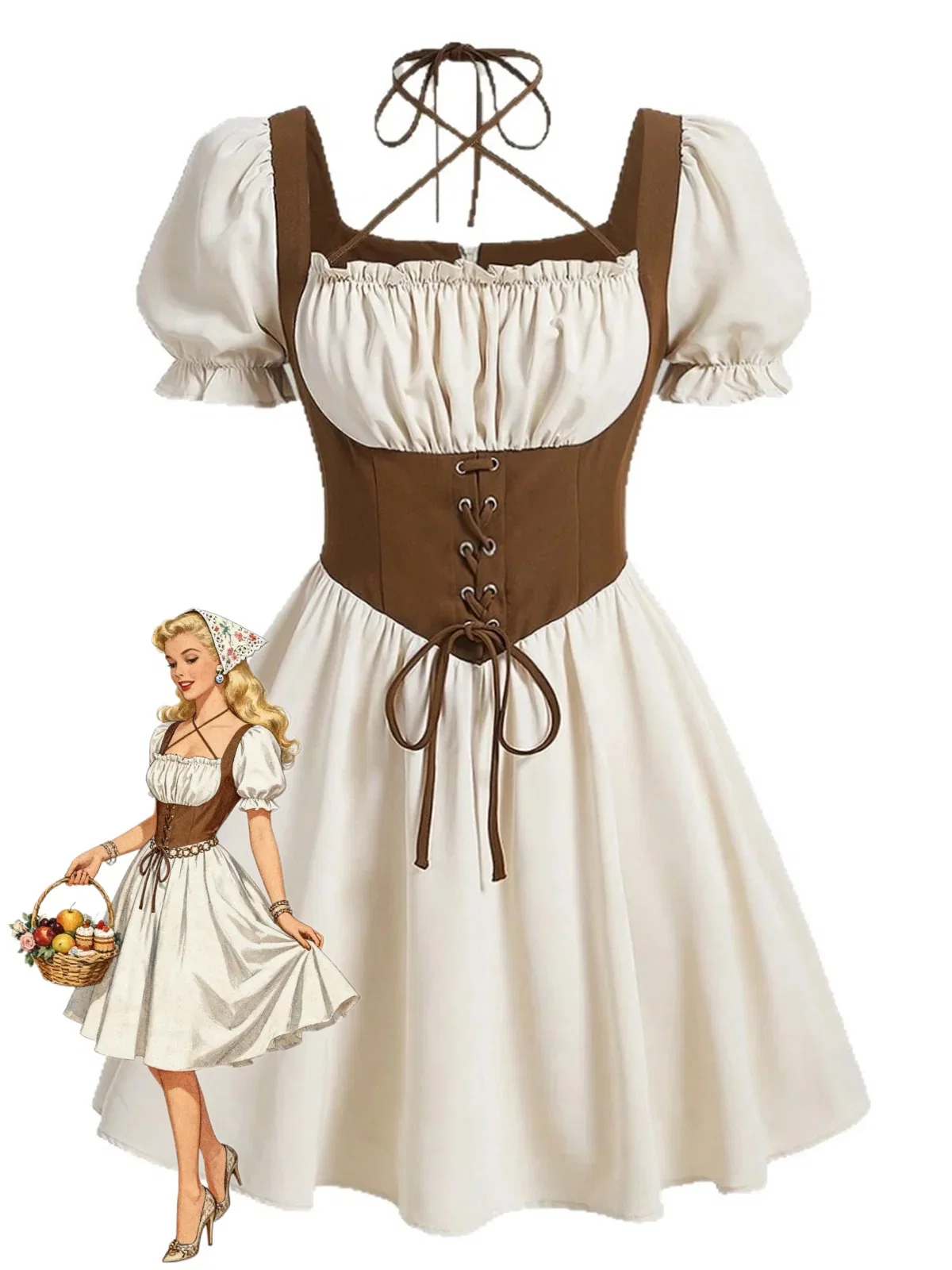 Brown 1940s Cottagecore Puff Sleeve Lace-Up A-Line Dress