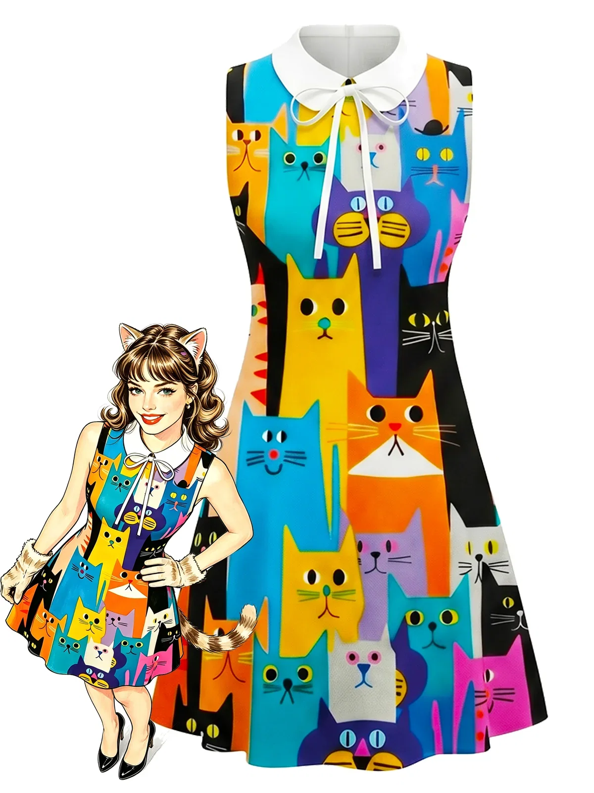[Pre-Sale] Multicolor 1960s Cats A-Line Peter Pan Collar Dress