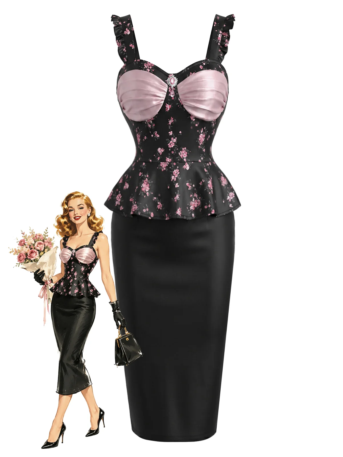 [Pre-Sale] Black & Pink 1960s Floral Bustier Peplum Pencil Dress