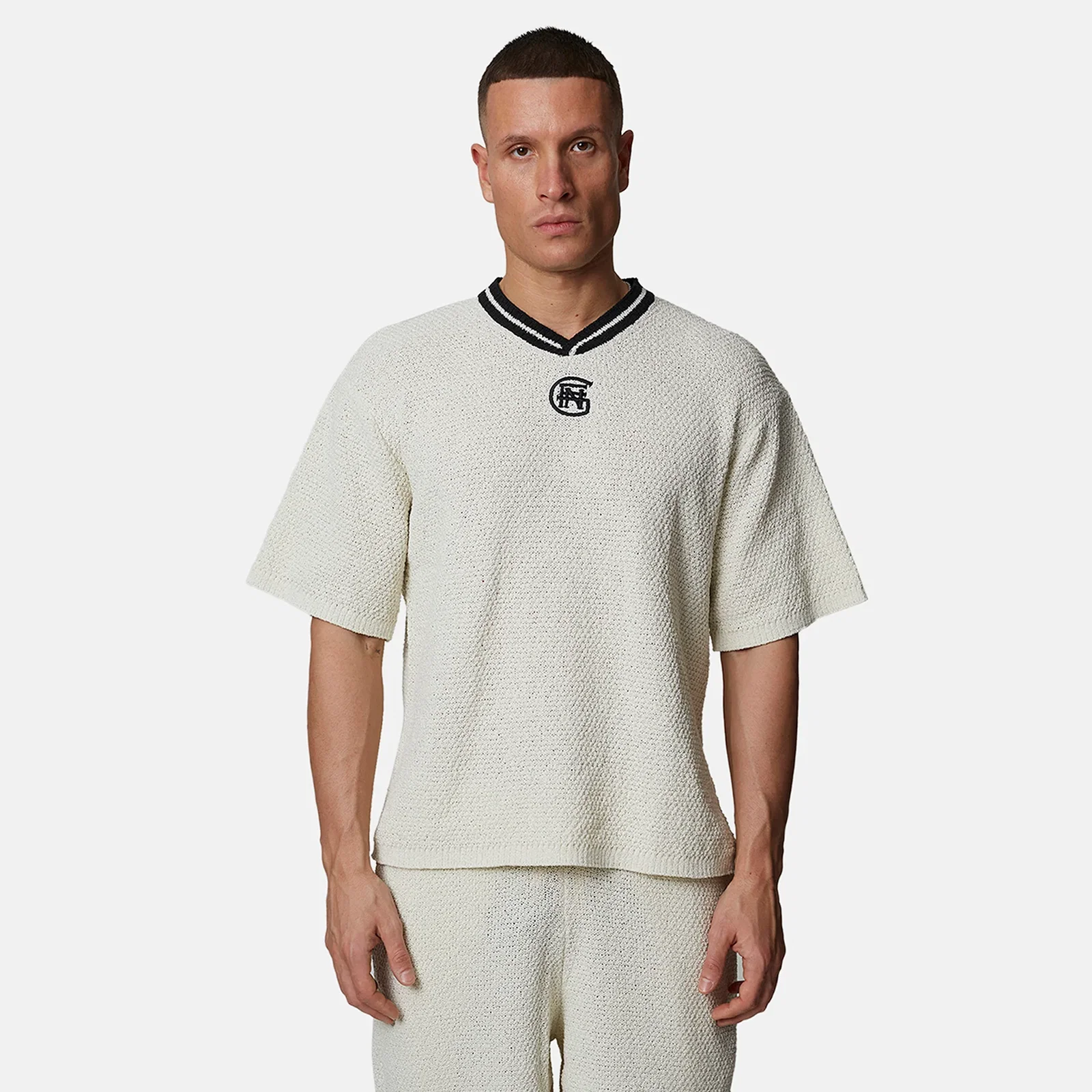 Image of Knitted Cream Boxy Monogram Jersey Tee