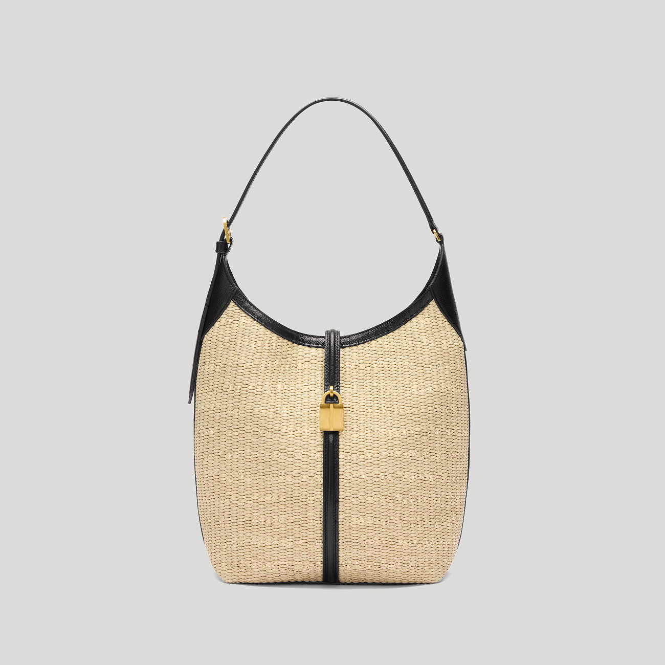 the siena bucket in natural raffia & black smooth