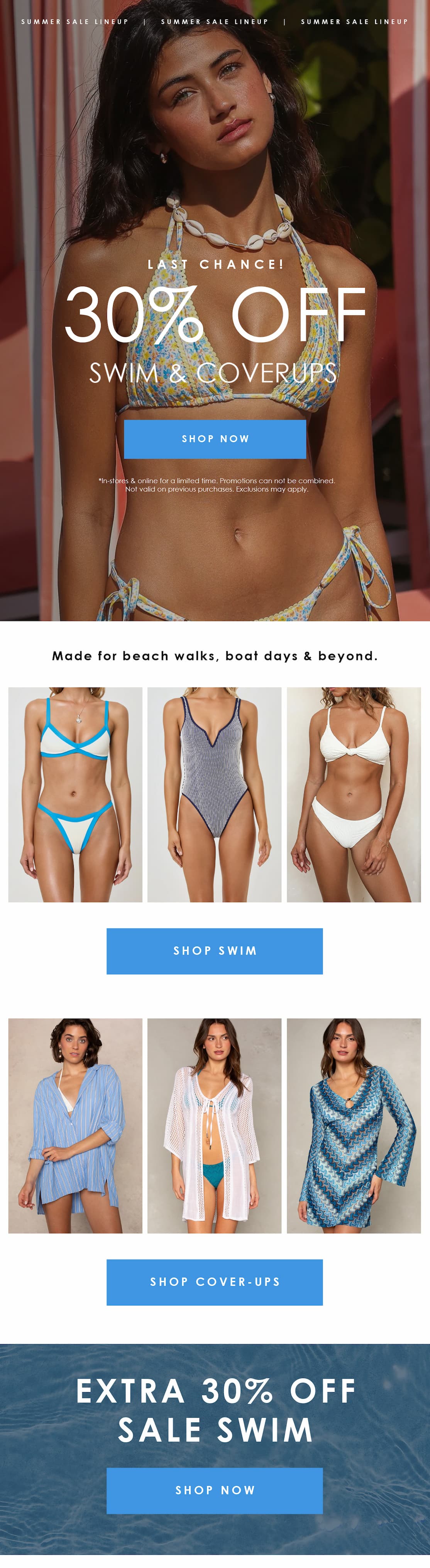 Summer sale email featuring a model in a floral bikini with “Last Chance! 30% Off Swim & Coverups.” Below are rows of swimsuits and beach cover-ups with “Shop Swim” and “Shop Cover-Ups” buttons, followed by an “Extra 30% Off Sale Swim” promotion.