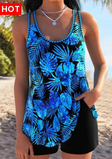 ROTITA Tummy Coverage Blue Tropical Plants Print Tankini Set