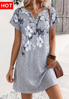 ROTITA Grey Floral Print Double Side Pockets Short Dress
