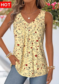 ROTITA Patchwork Floral Print Light Yellow V Neck Tank Top
