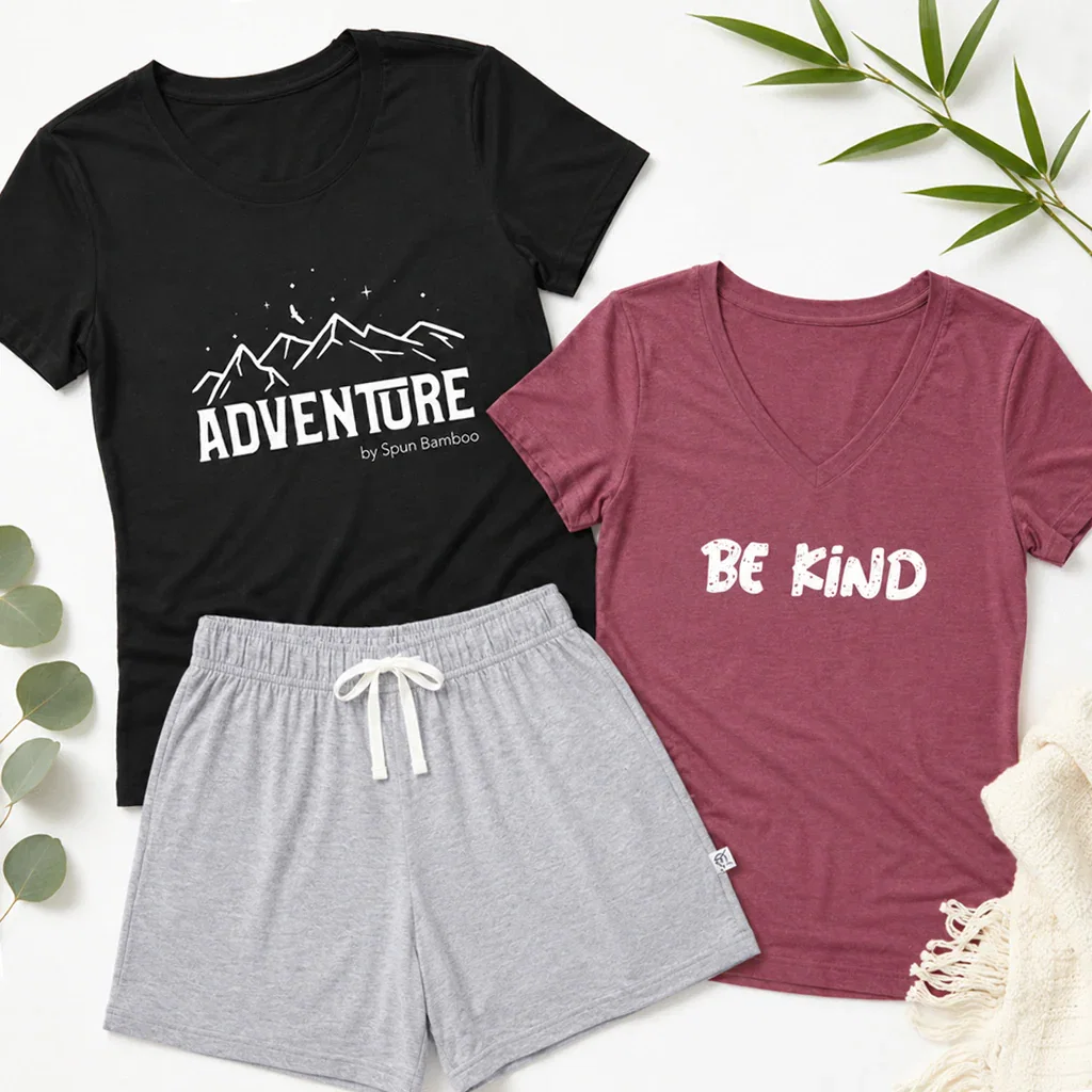Three clothing items displayed: black t-shirt with 