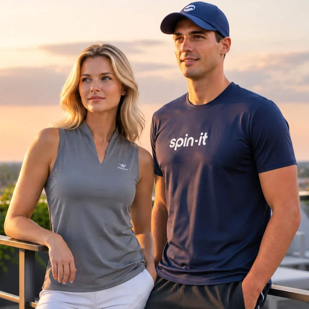 Two people wearing athletic apparel pose at sunset on a rooftop overlooking a scenic landscape view.