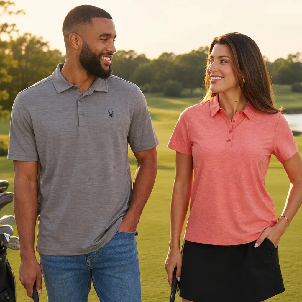 Two people wearing Spyder polo shirts on a golf course at sunset, smiling and looking at each other.