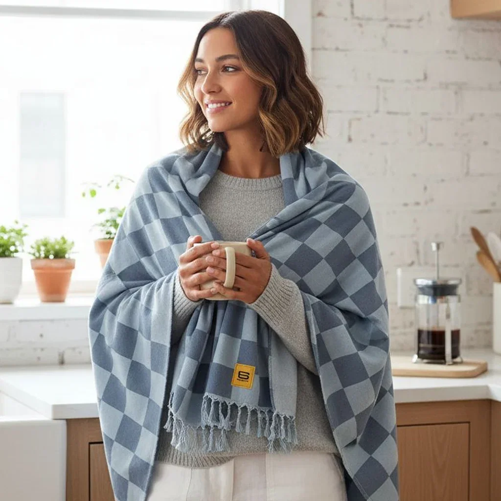 Woman wearing gray diamond-patterned blanket wrap while holding mug in modern kitchen with plants and coffee maker.
