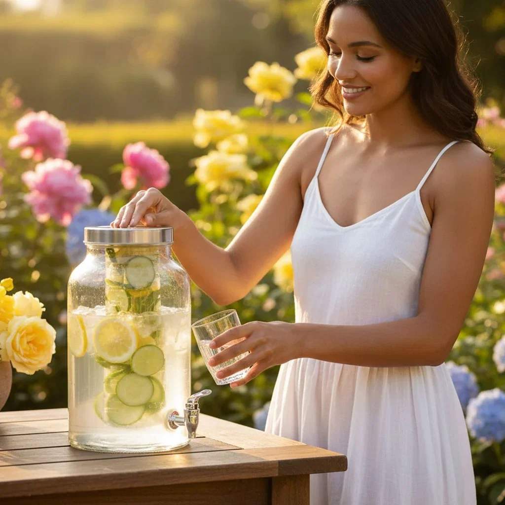 Woman pouring infused water from glass dispenser in sunny garden with colorful flowers
