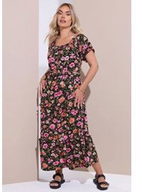 YOURS Curve Black Floral Tiered Frill Maxi Dress