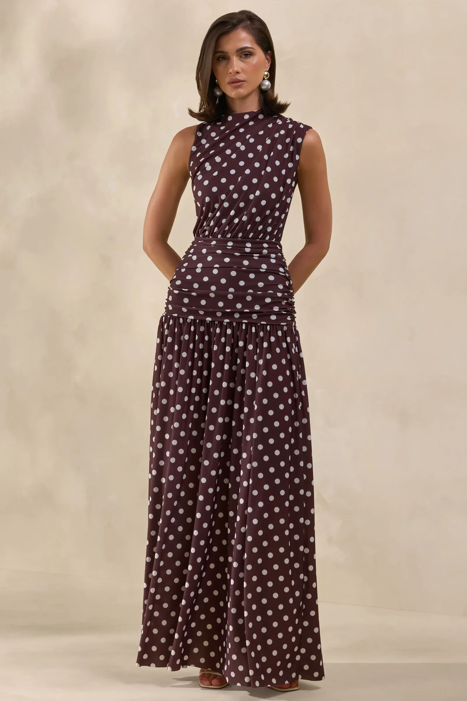 Image of Kelis | Brown Polka-Dot High-Neck Maxi Dress With Draped Detailing