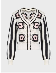 Black and White Crochet Knit Cardigan With Geometric Pattern