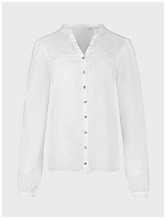 White long sleeve poplin shirt with Y neckline and silver button details