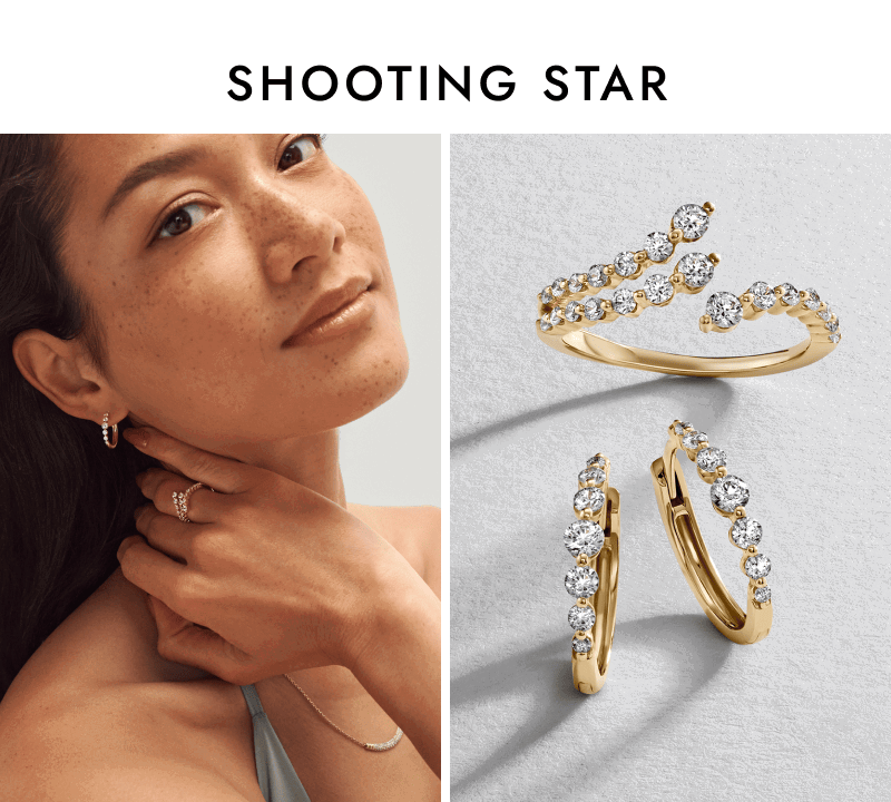 Woman wearing diamond hoop earrings, stackable rings and necklace beside a close-up of graduated diamond ring and hoops.