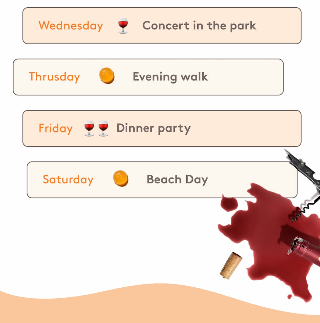 Wednesday 🍷 Concert in the park Thrusday Evening walk Friday 🍷 🍷 Dinner party Saturday Beach Day  