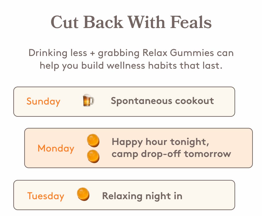 Cut Back With Feals Drinking less + grabbing Relax Gummies can help you build wellness habits that last. Sunday 🍺 Spontaneous cookout Monday Happy hour tonight, camp drop-off tomorrow Tuesday Relaxing night in  