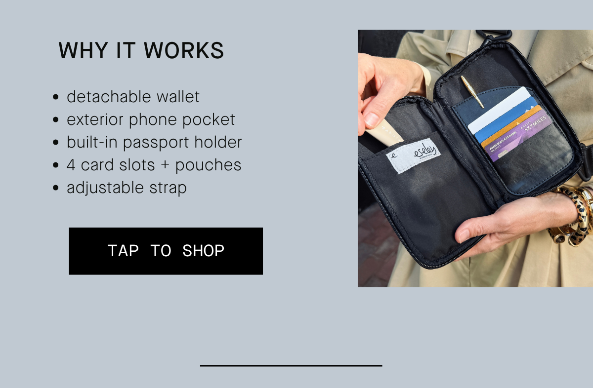 WHY IT WORKS  detachable wallet exterior phone pocket built-in passport holder 4 card slots + pouches adjustable strap TAP TO SHOP 