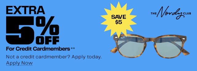A Nordstrom credit cardmember can save an extra $5 on Ray-Ban sunglasses shown, an extra $8 on Kurt Geiger London bag shown and an extra $3 on Nike sneakers shown.