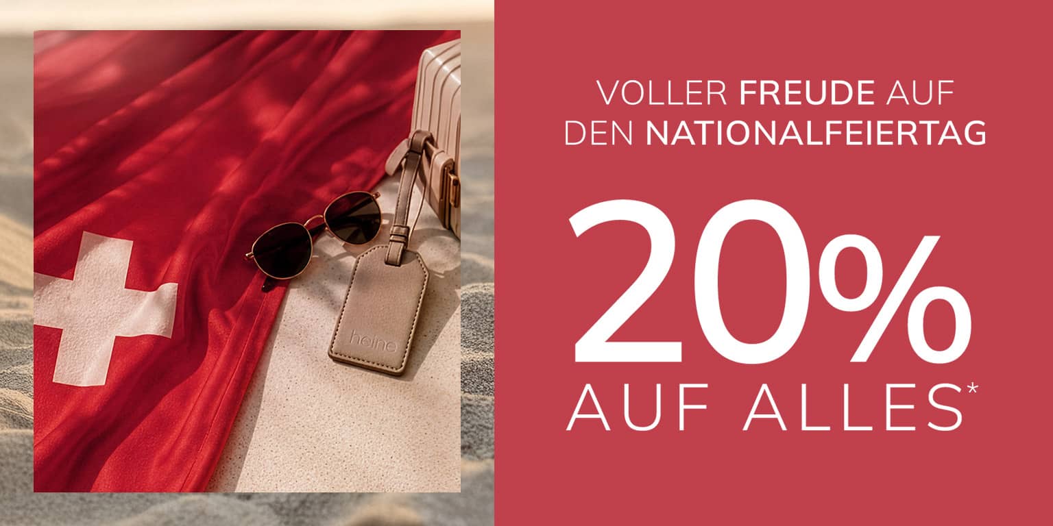 Eine Werbeanzeige, Hintergrundfarbe: rötlich/rosa. Mit dem Text: VOLLER FREUDE AUF DEN NATIONALFEIERTAG 20 % AUF ALLES Der Hintergrund zeigt eine Schweizer Flagge auf Sand, daneben Sonnenbrille und Koffer.