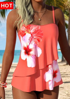 ROTITA Orange Layered Floral Print Tankini Top