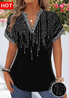 ROTITA Tummy Coverage Ombre Black Split Neck Short Sleeve Blouse