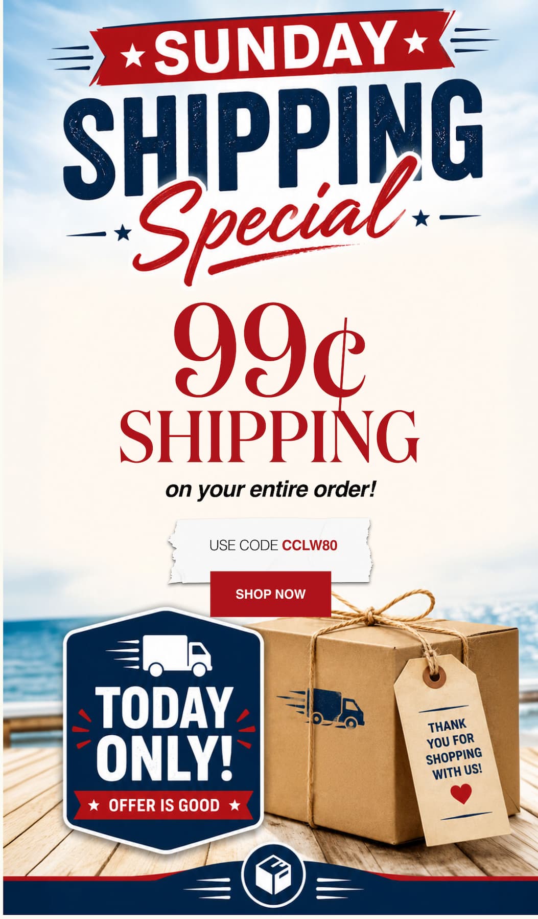 Sunday Shipping Special 99¢ Shipping on your entire order!