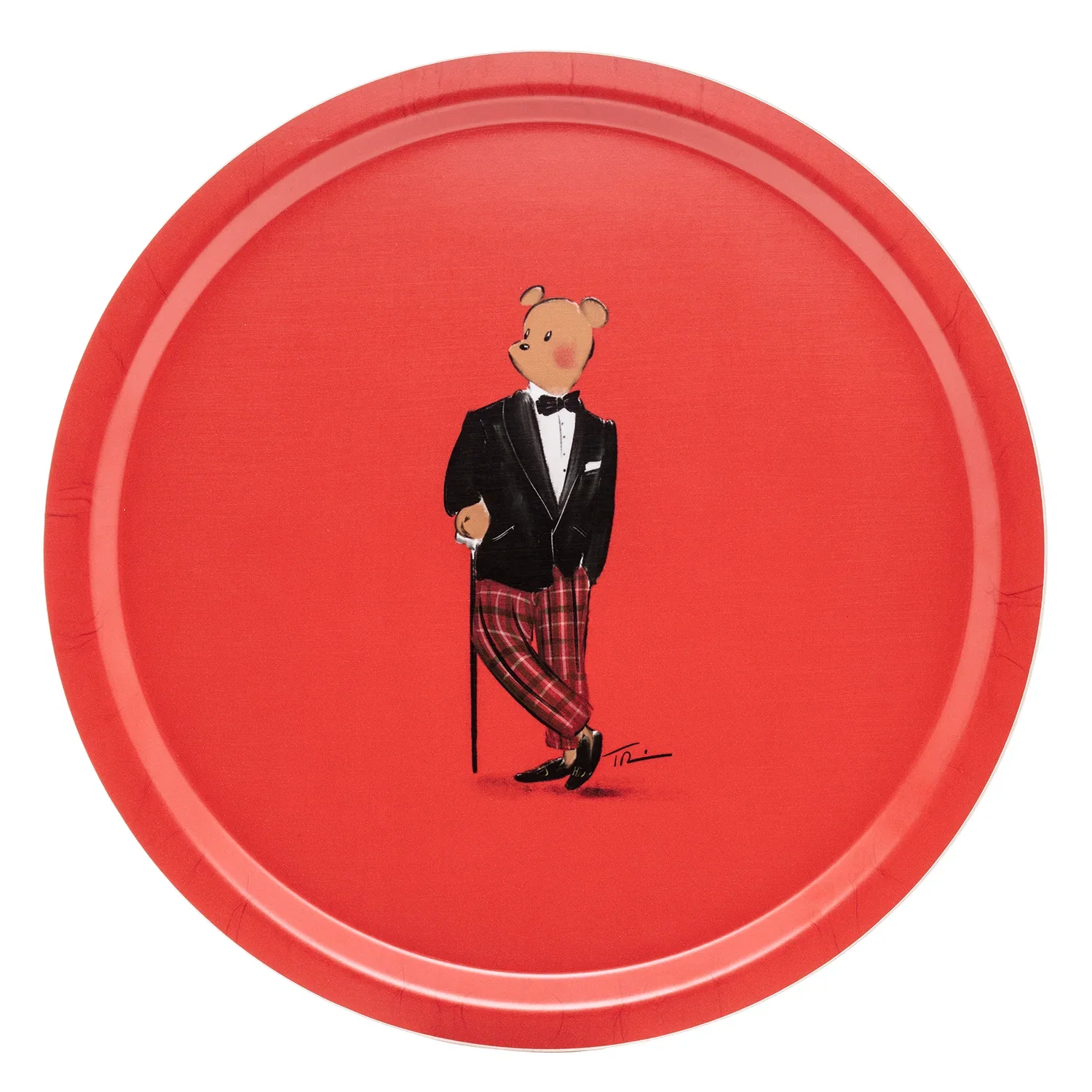 Image of Tug Rice "Hal the Bear" Round Birchwood Tray in Red