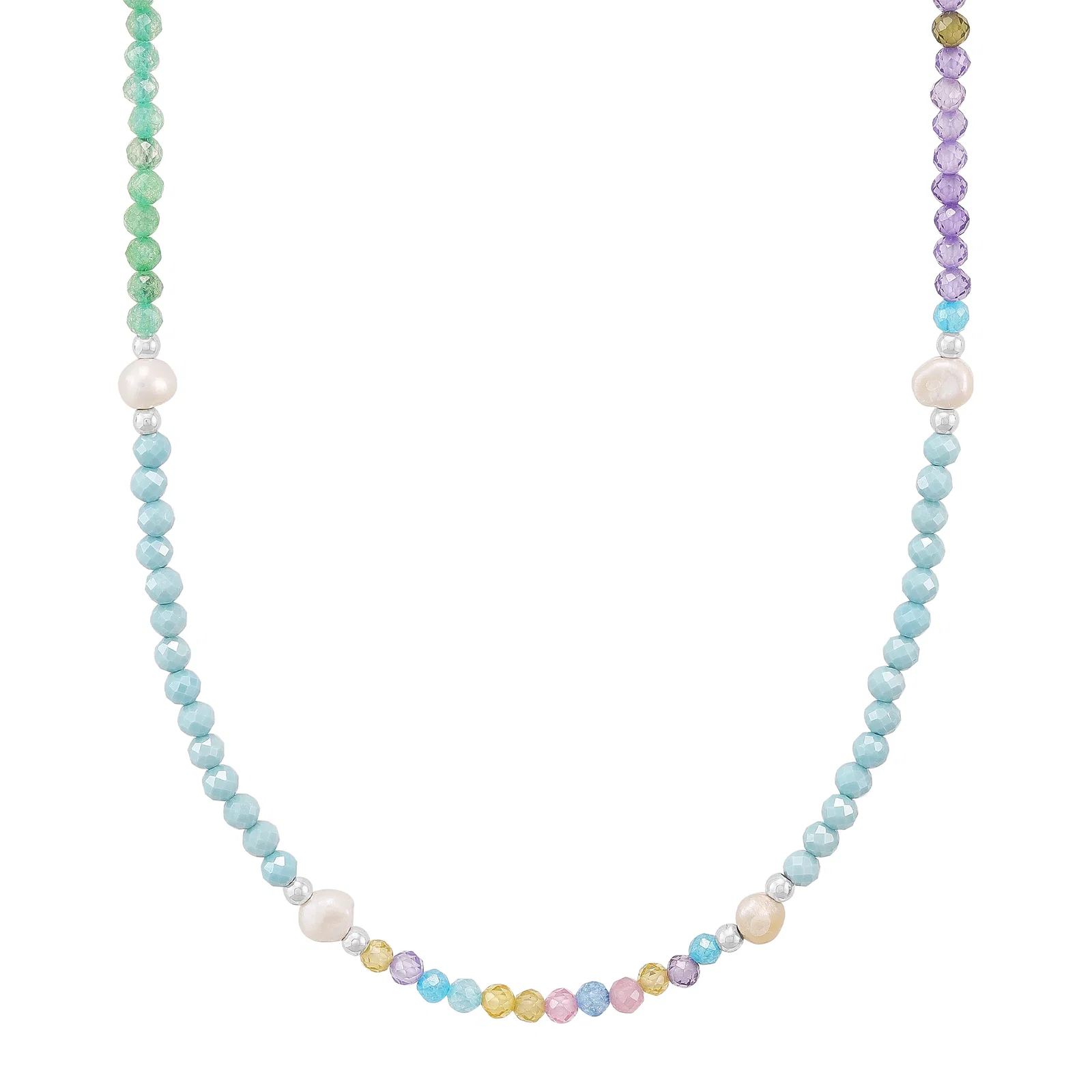 Confetti Beaded Necklace, Multicolor Cubic Zirconia and Freshwater Pearl