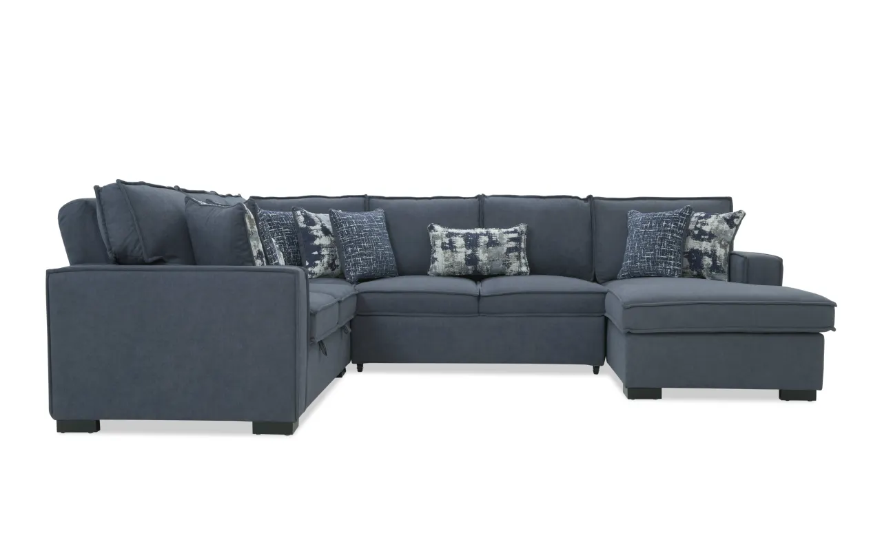 Playmax Denim 124'' 4 Piece Right Arm Facing Chaise Sectional with Pop-Up Sleeper & USB & USB-C Ports