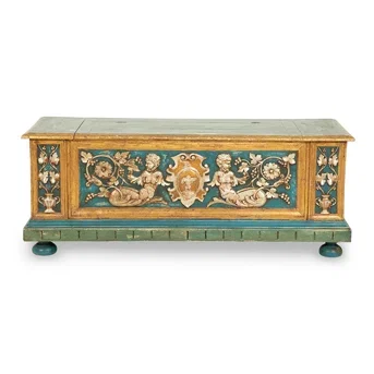 An Italian Parcel Gilt, Silvered and Polychrome Painted Cassone