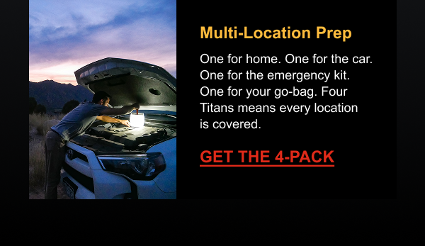 Multi-Location Prep One for home. One for the car. One for the emergency kit. One for your go-bag. Four Titans means every location is covered.  [ GET THE 4-PACK ]