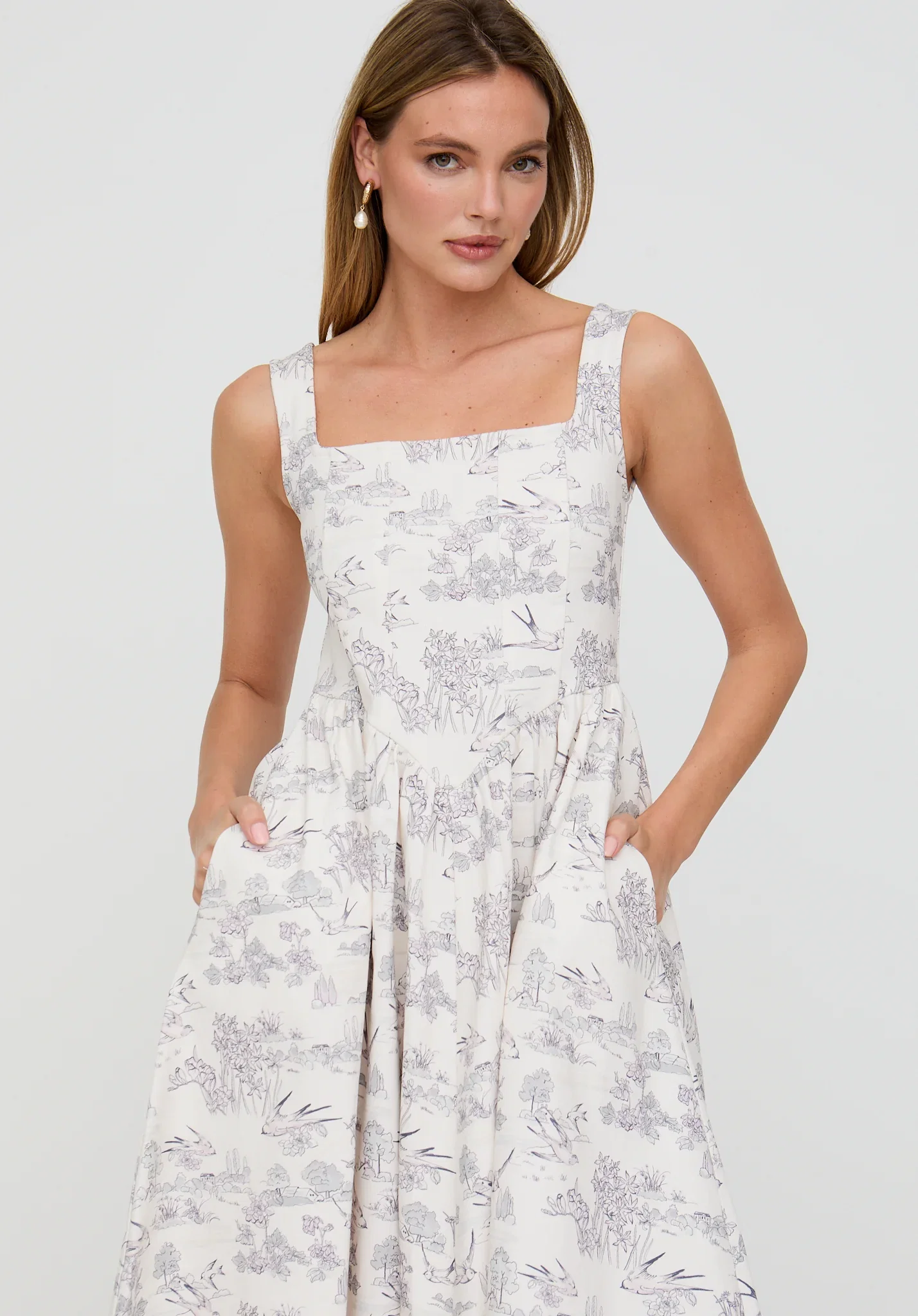 Image of Hayley Corset Inspired Josephine Print Midi Dress In Cream