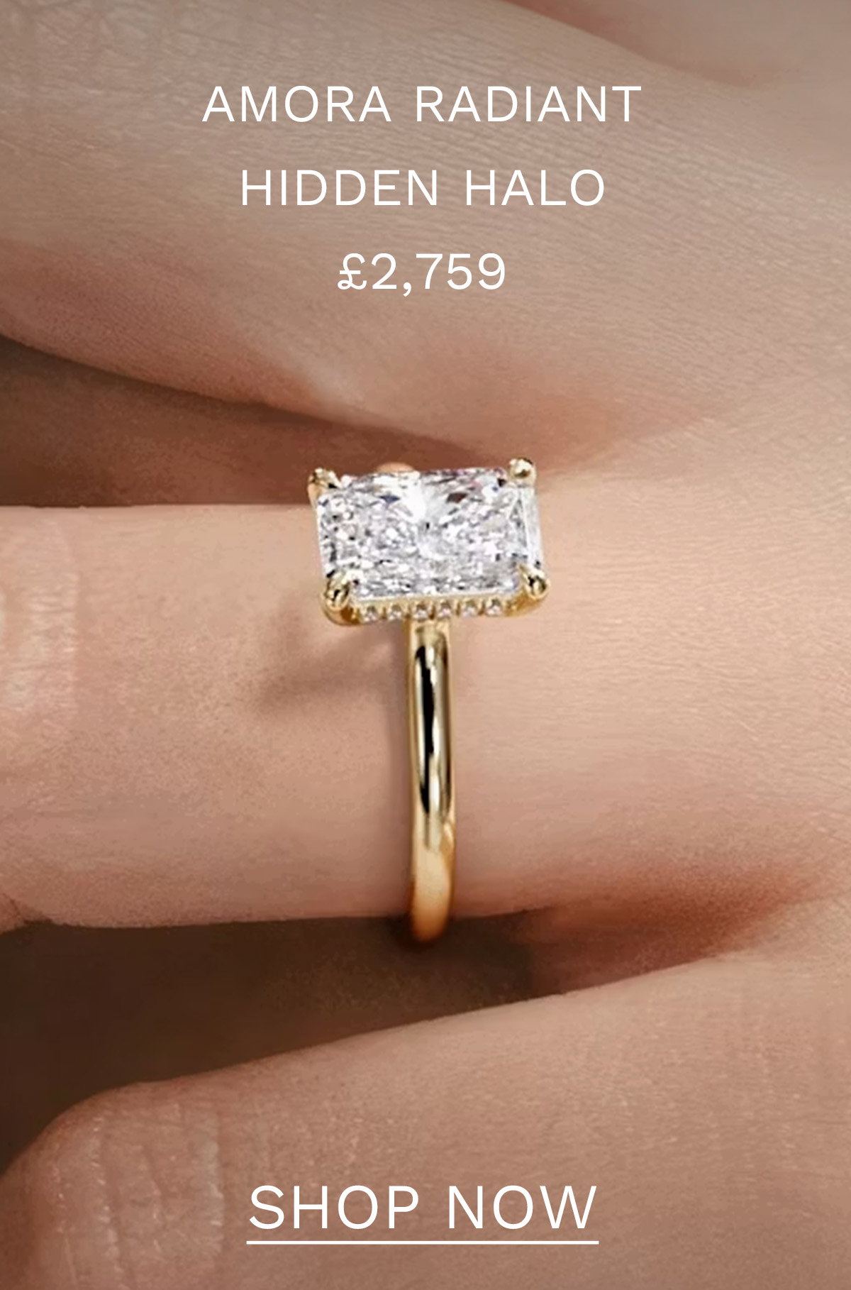 Amora Radiant 3.00ct Hidden Halo Lab Diamond Engagement Ring G/VS1 Set in 18K Gold