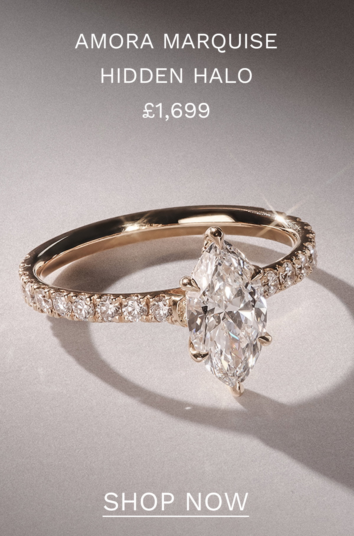 Amora Marquise 1.47ct Hidden Halo Lab Diamond Engagement Ring With Side Stones Set in 18K Gold