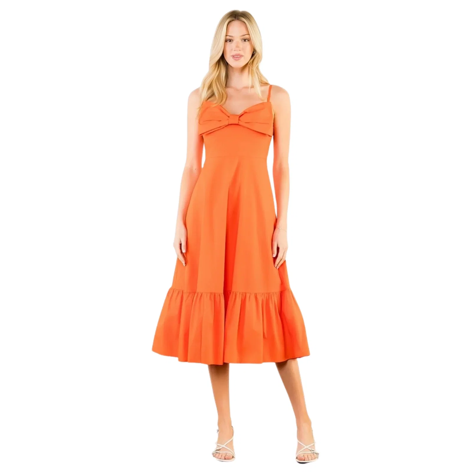 Image of Thin Strap Bow Detail Midi Dress in Orange